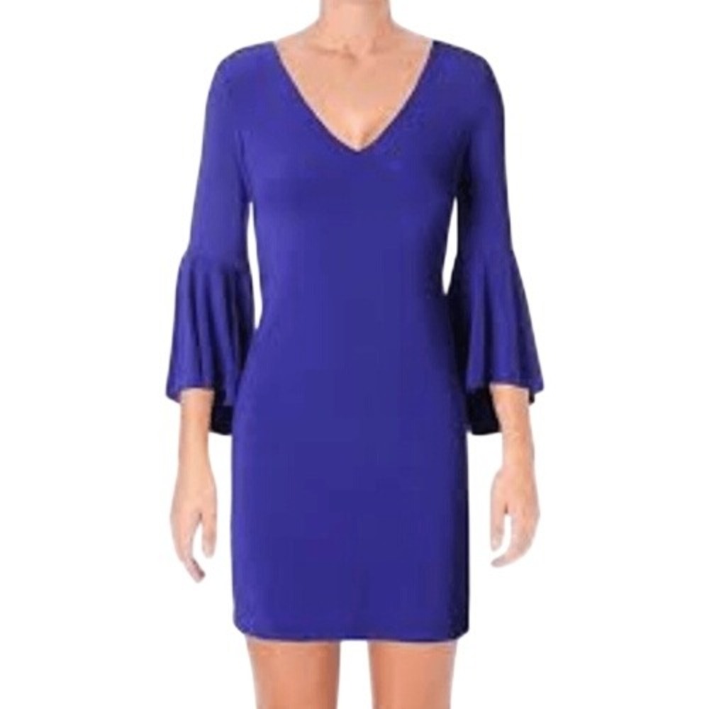 Lauren by Ralph Lauren Flounce Sleeve V-Neck Dress Royal Blue Color 14,‎ EUC